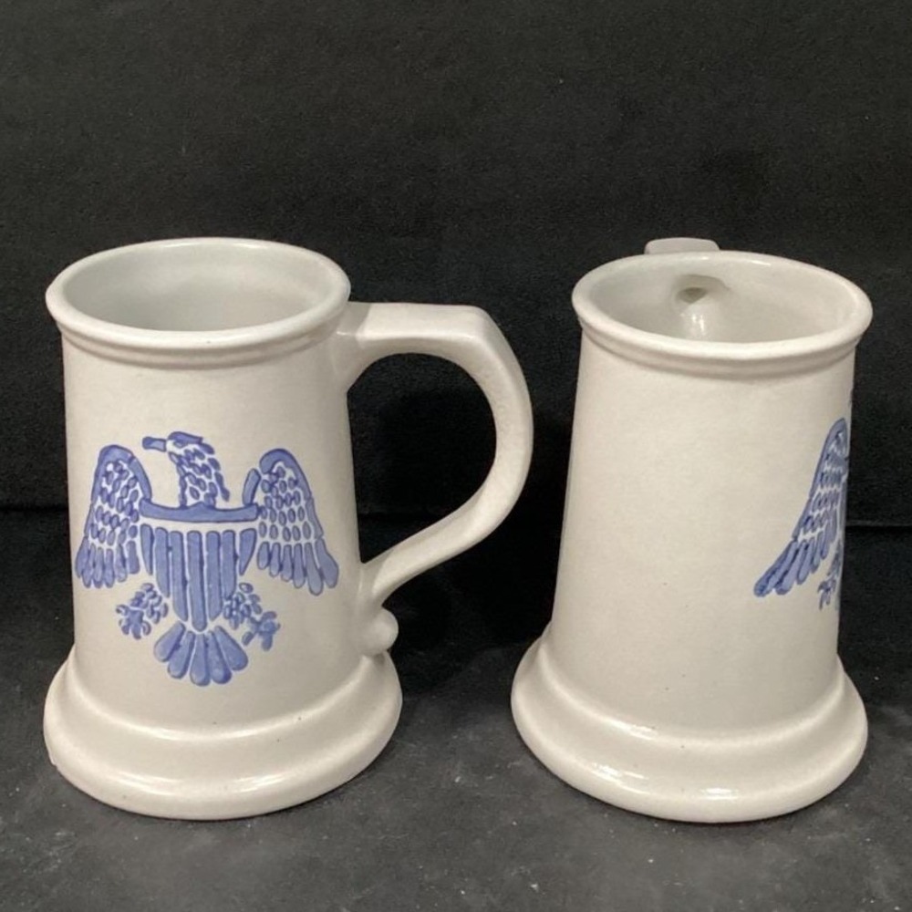 2 Pfaltzgraff YORKTOWNE *BLUE & GREY 5 3/4" - 16 OZ EAGLE BEER MUG STEINS #286M